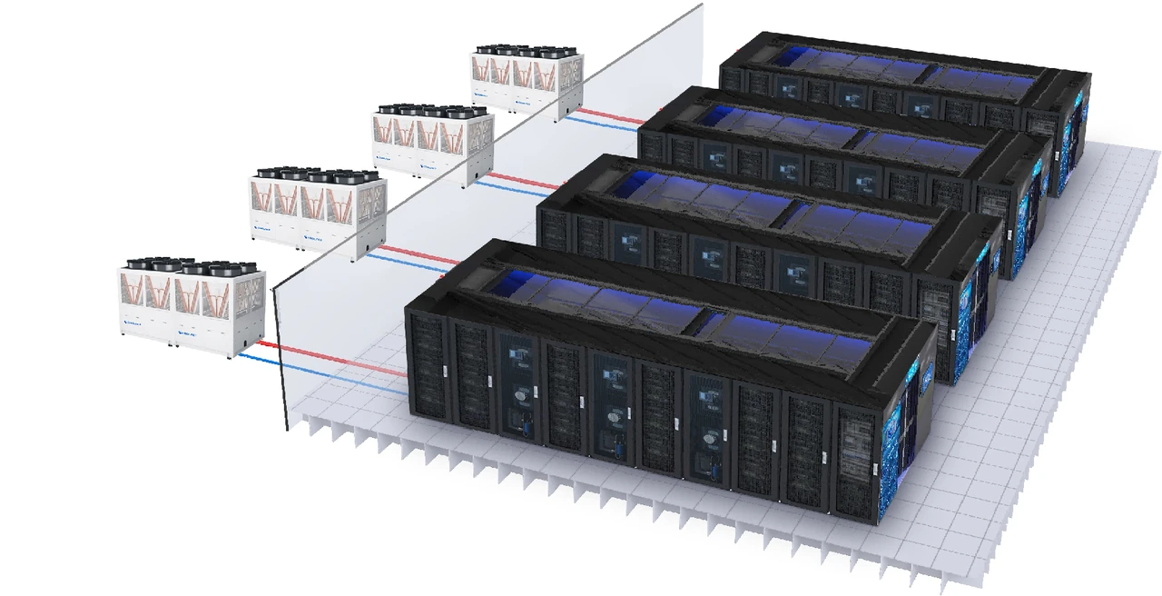 Contained modular data-center rows connected to shared outdoor cooling units